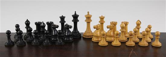 A Victorian Jaques staunton pattern ebony and boxwood chess set, Kings 3.5in.